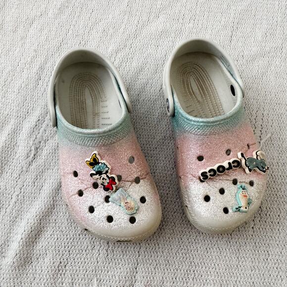 Crocs Pink, Blue, Silver Sparkle Shoes with Disney Jibbitz - Size J1 - Picture 1 of 7